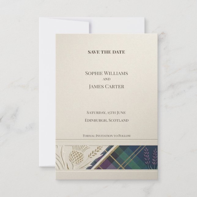 Carte de sauvegarde de date en tartan Thistle Navy (Devant)