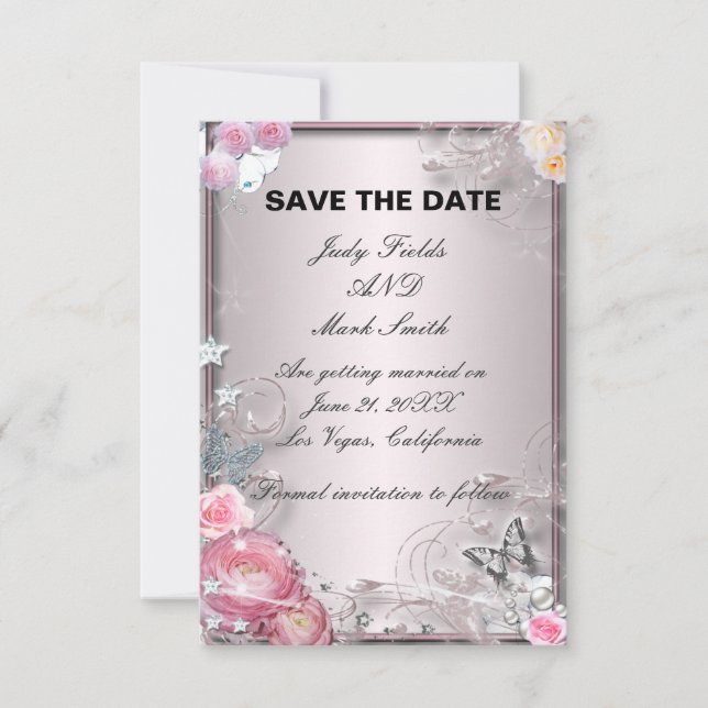 Carte de sauvegarde de date Fleurs roses et papill (Devant)