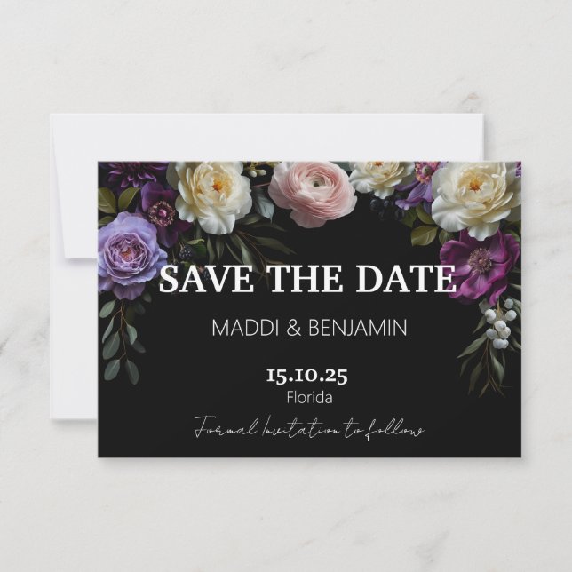 Carte de sauvegarde de date florale violette sombr (Devant)