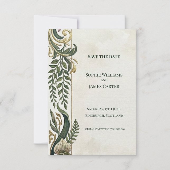 Carte de sauvegarde de date Green Gold Scroll (Devant)
