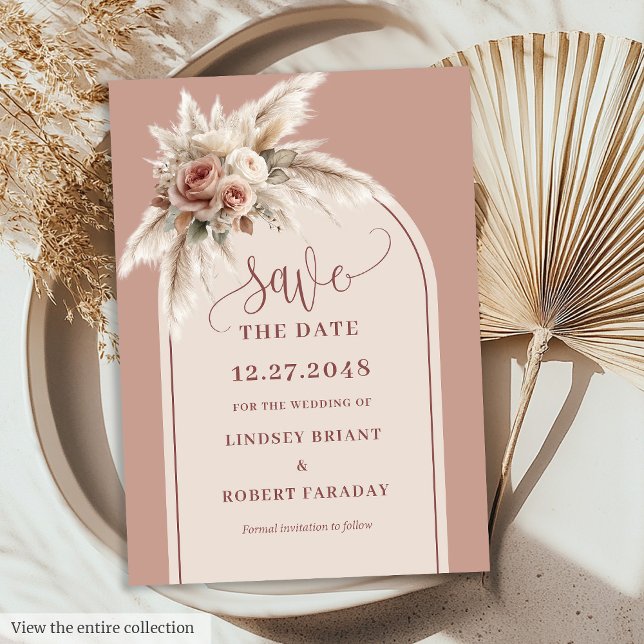Carte de sauvegarde de date moderne poussiéreuse r (Modern Dusty Pink Pampas Grass Save the Date Card)