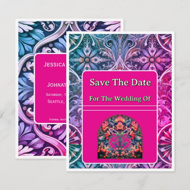 Carte de sauvegarde de date motif rose/bleu (Devant / Derrière)