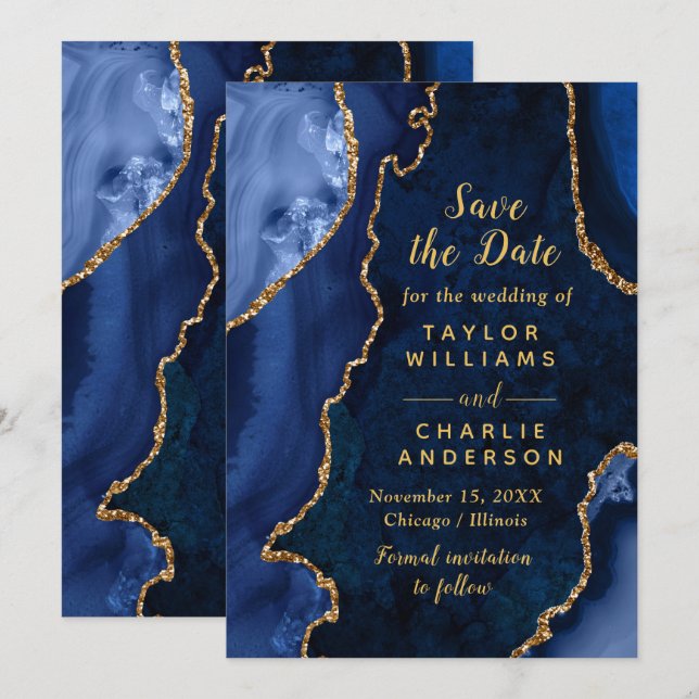 Carte de sauvegarde de date Navy Blue et Agate dor (Devant / Derrière)
