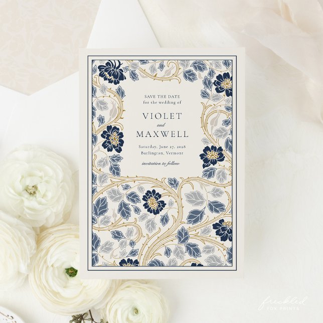 Carte de sauvegarde de date Navy Blue Gold Floral (Navy Gold Floral Art Nouveau Wedding Invitation)