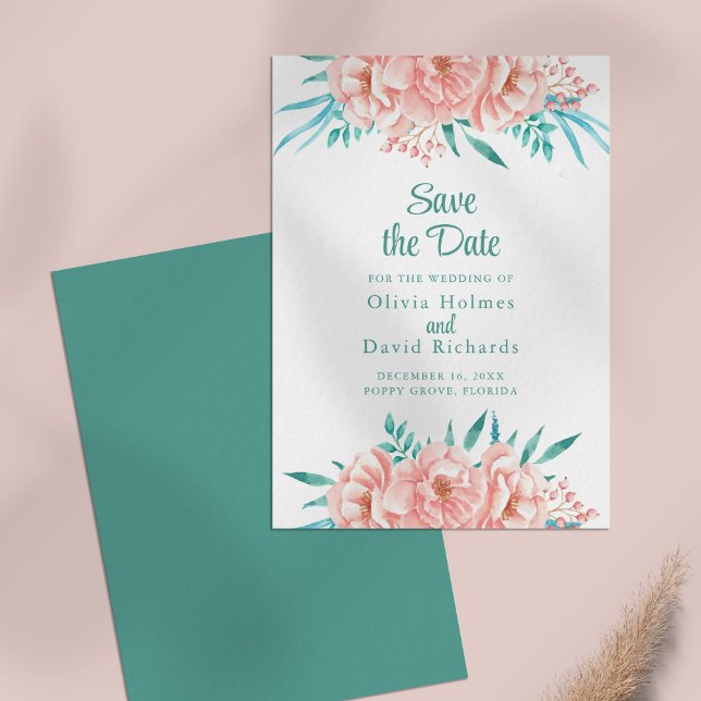Carte de sauvegarde de date pêche et turquoise (Peach and Turquoise Save the Date Card on a pale pink table.)