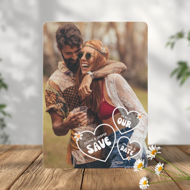 Carte de sauvegarde de date rétro boho avec photo  (Funky Retro Wedding Save The Date Card)