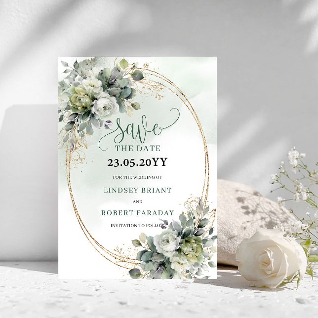 Carte de sauvegarde de date romantique à feuillage (Romantic Dusty Green Foliage Save The Date Card)