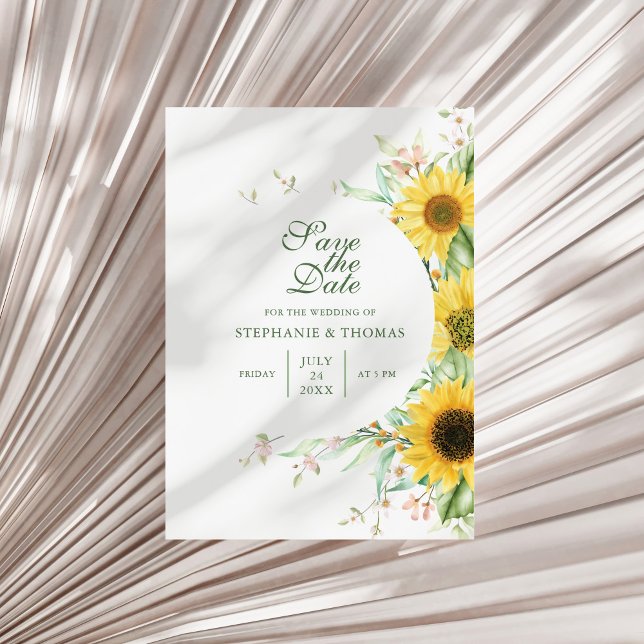 Carte de sauvegarde de date Rustique Délice de Tou (Rustic Sunflower Delight Save The Date Card on a sunny neutral dry palm leaf.)