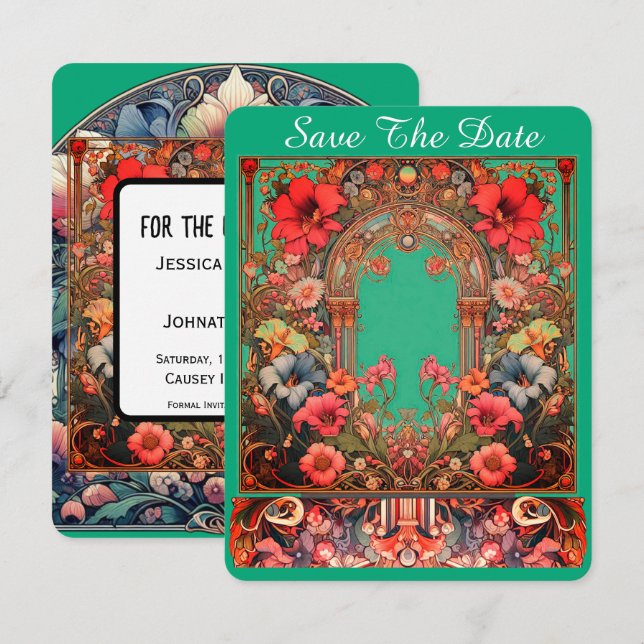 Carte de sauvegarde de date verte Mucha Style (Devant / Derrière)