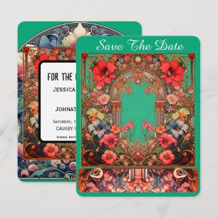 Carte de sauvegarde de date verte Mucha Style
