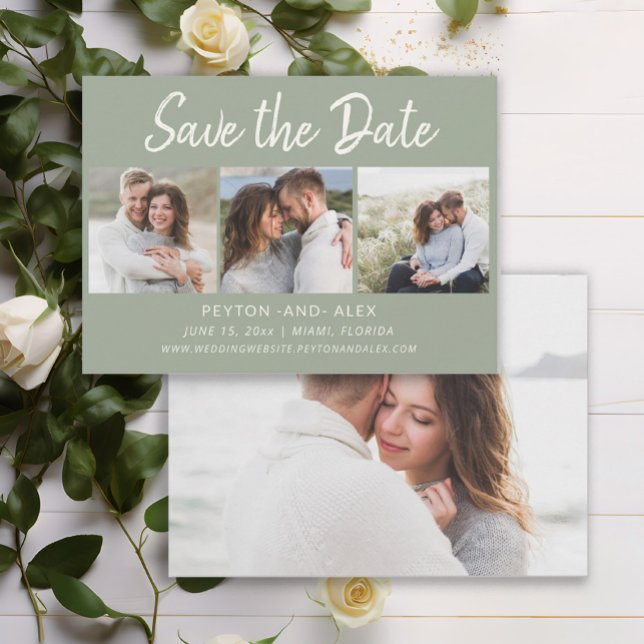 Carte de sauvegarde de mariage 4-photos 2 faces Ve (Elegant sage green 4-photo wedding Save the Date)