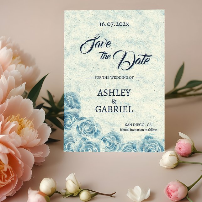 Carte de sauvegarde de mariage à fleurs bleues rom (Romantic Blue Floral Wedding Save The Date Card)
