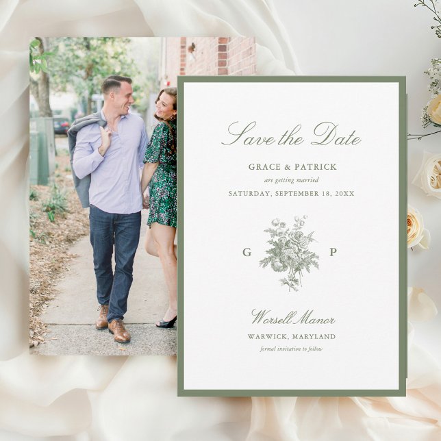 Carte de sauvegarde de mariage au monogramme vert  (Créateur téléchargé)