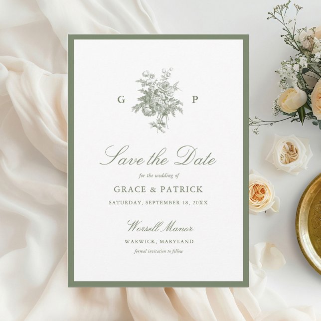 Carte de sauvegarde de mariage au monogramme vert  (Créateur téléchargé)