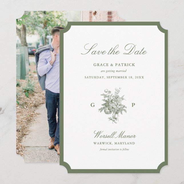 Carte de sauvegarde de mariage au monogramme vert  (Devant / Derrière)