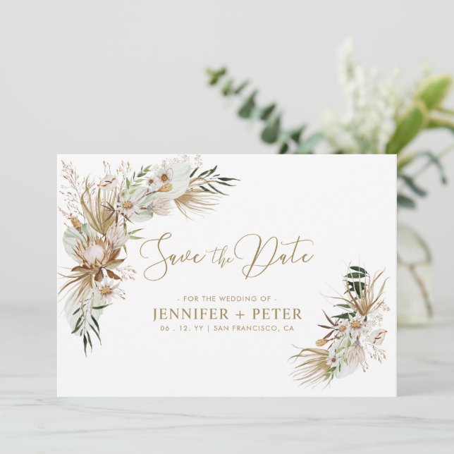 Carte de sauvegarde de mariage bohème vert et or (Debout devant)