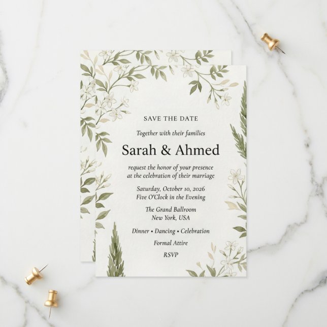 Carte de sauvegarde de mariage botanique rustique  (Devant/Arrière en situation)