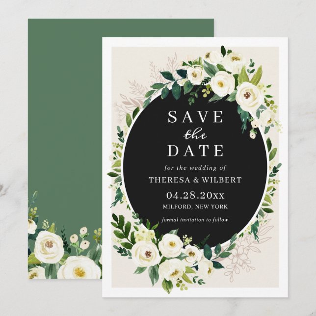 Carte de sauvegarde de mariage florale verte blanc (Devant / Derrière)