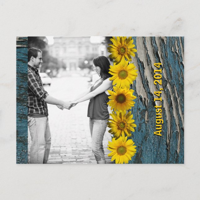 Carte de sauvegarde Teal Blue Wood Look Sunflower  (Devant)