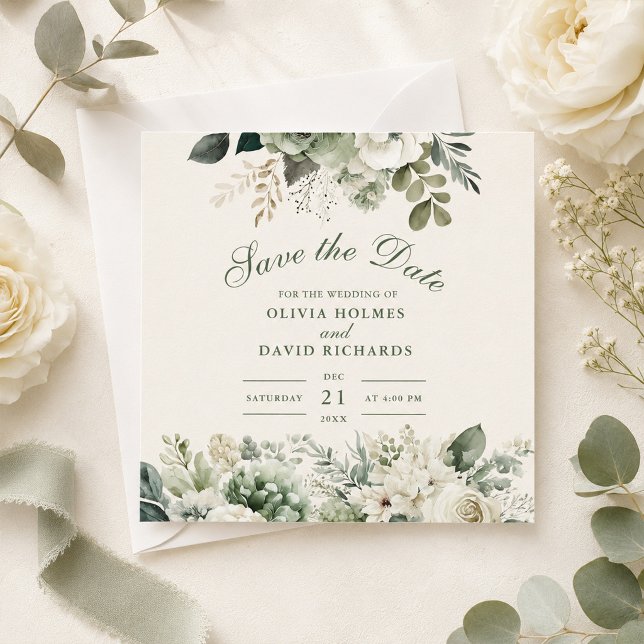 Carte de Save the Date Fleur Sauvage Vert Sauge et (Sage Green and Ivory Wildflower Save the Date Card on a table with ivory flowers and green ribbon)