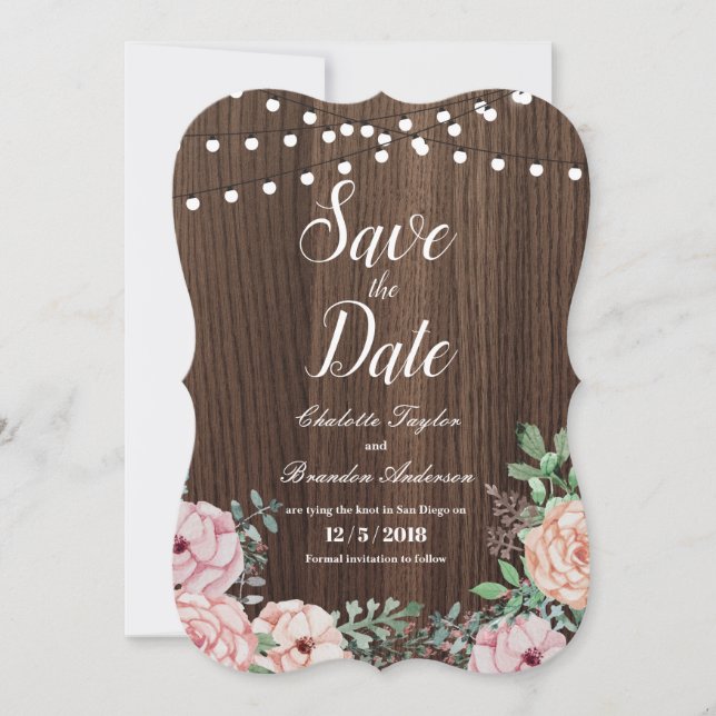 Carte de Save the Date rose élégante - bois rustiq (Devant)