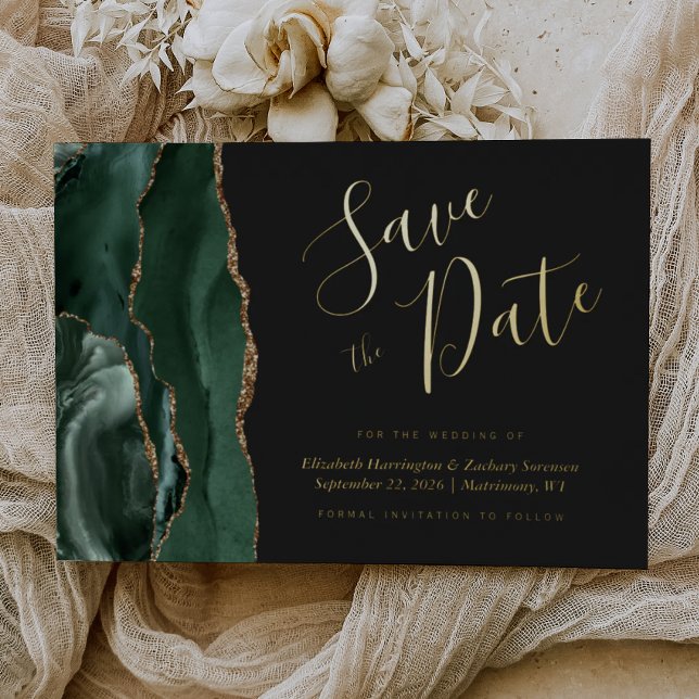 Carte de Save the Date Vert Émeraude Agate Or Fonc (Créateur téléchargé)