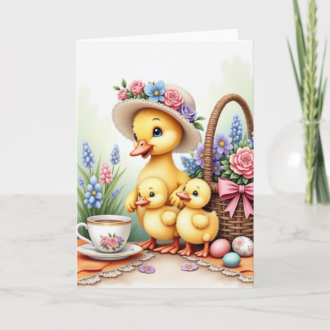 Carte de scène aviaire de famille printanière (Devant)