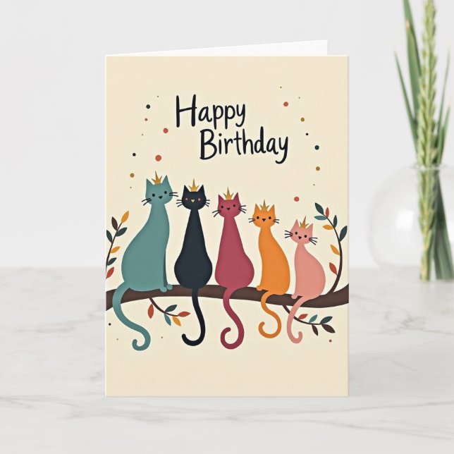 Carte de scène d'anniversaire avec cinq chats (Devant)