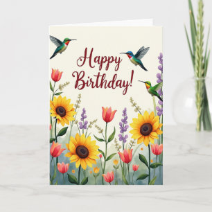 Carte de scène d'anniversaire d'oiseaux bijoux