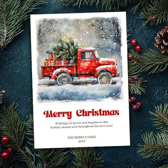 Carte de scène de Noël avec camion rouge rustique  (Vintage Cozy Rustic Red Truck Christmas Scene Card)