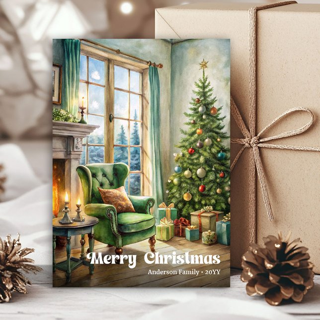 Carte de scène de Noël paisible aquarelle rouge ve (Peaceful Christmas scene card watercolor red green

)