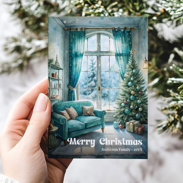 Carte de scène de Noël rustique aux tons festifs r (Rustic Christmas scene card festive red green tones

)