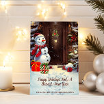 Carte de scène de Noël Vintage Snowman<br><div class="desc">Ceci dans une adorable carte de voeux de Noël à envoyer à vos clients, fournisseurs ou clients. La carte présente une scène d'un mignon bonhomme de neige avec des cadeaux à la porte d'entrée d'une maison en vintage aquarelle. Tout le texte de la carte est personnalisable. Si vous ne voulez...</div>