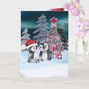 Carte de scène de sapin de Noël de pingouin
