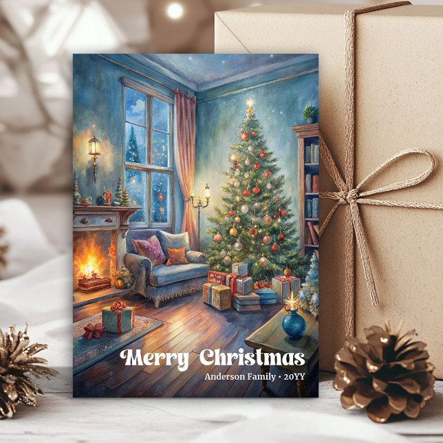Carte de scène festive traditionnelle lettrage rou (Traditional festive scene card red green lettering

)