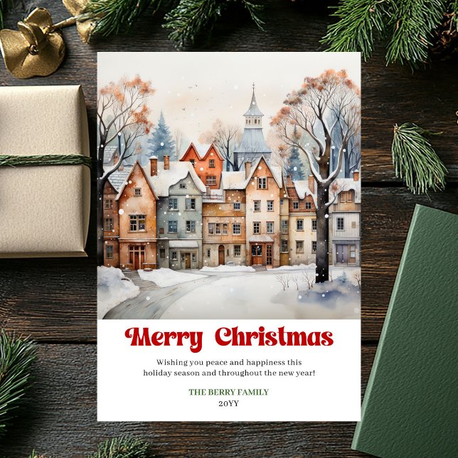 Carte de scène hivernale paisible rustique et auda (Peaceful winter scene card rustic bold holiday lettering

)