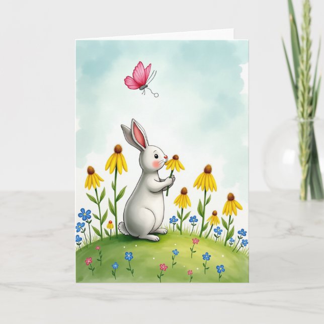 Carte de scène mignonne avec lapin et fleurs (Devant)