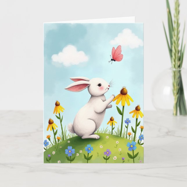 Carte de scène printanière de lapin papillon (Devant)