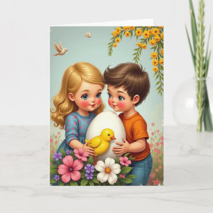 Carte de scène printanière d'enfants avec œuf
