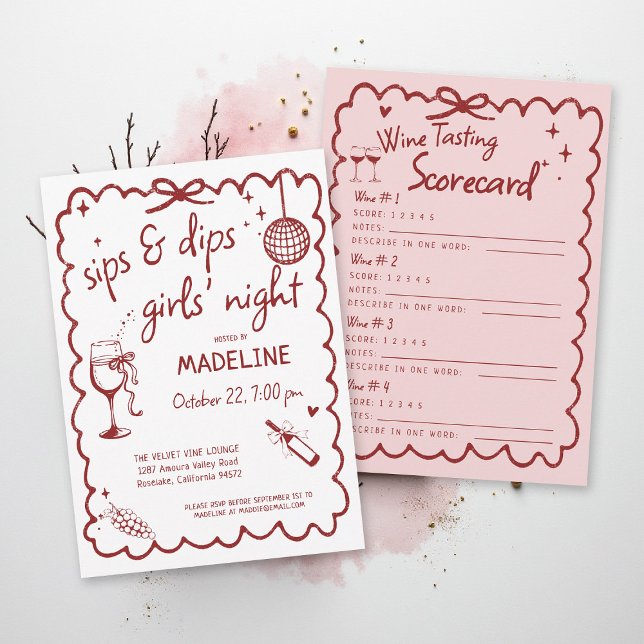 Carte de score de dégustation de vin pour la soiré (winery girls night out invitation wine tasting scorecard red burgundy pink napa sonoma country)
