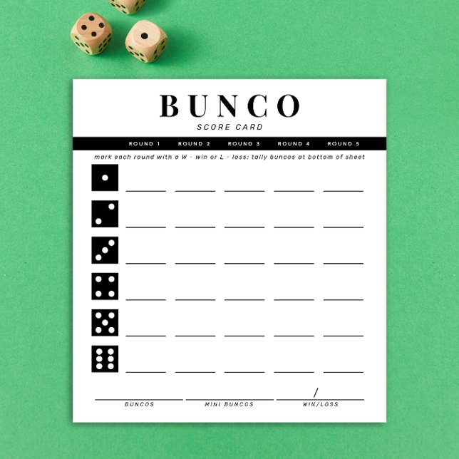 Carte de score simple Bunco noir et blanc à quatre (black and white Bunco dice game score card)