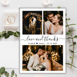 Carte de script de Merci de Collage photo Mariage<br><div class="desc">Budget, Moderne, Élégant, Mariage Lettré à la main Trois Photo Collage Merci personnalisé abordable carte mince à petit budget. Modèle minimaliste mariage avec trois (3) photos à l'avant et une (1) photo à l'arrière. Avec le texte "Amour et merci" dans une tourbillonnant police de script de typographie lettrée main avec...</div>
