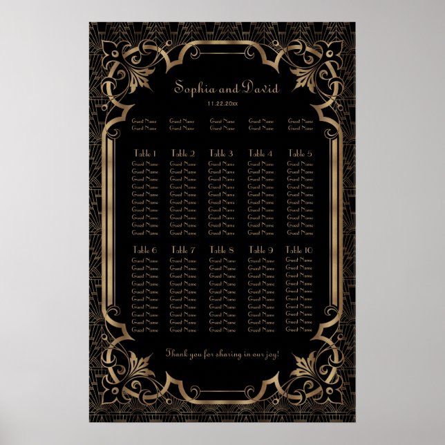 Carte de siège Art Déco Chic Black Great Gatsby (Devant)