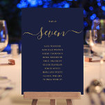 Carte de siège de la Marine Blue Gold Script<br><div class="desc">Ces élégantes cartes de sièges en bleu marine et or signature script double face nombre de table sont parfaites pour toutes les célébrations. Conçu par Thisisnotme©</div>