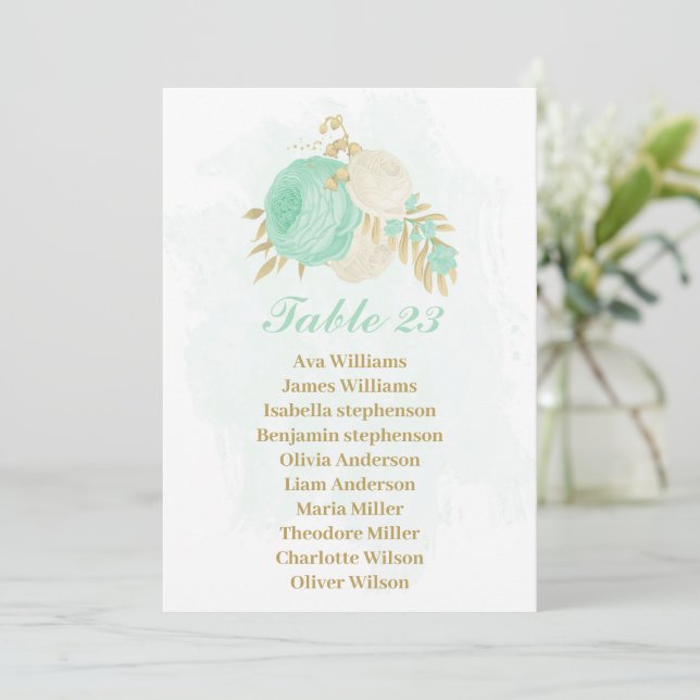 carte de siège en or vert menthe et fleurs blanche (Debout devant)