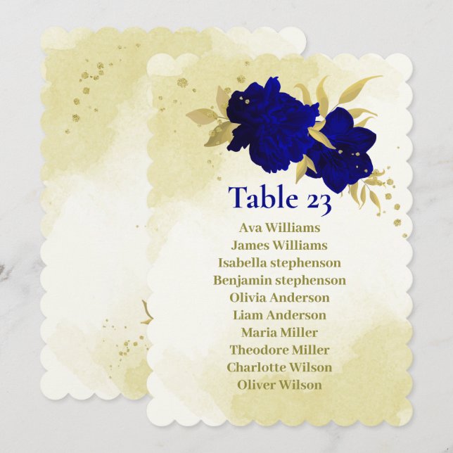 Carte de siège feuille Royal bleu fleurs or (Devant / Derrière)