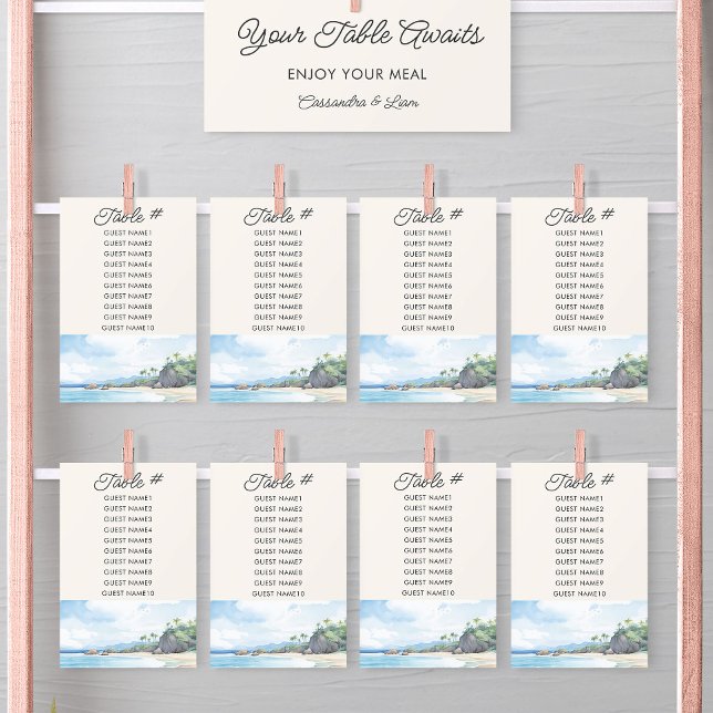 Carte de siège Mariage d'aquarelle de plage d'été (Wedding Table Seating Chart Cards from the Summer Beach Wedding Collection by Darling & May)