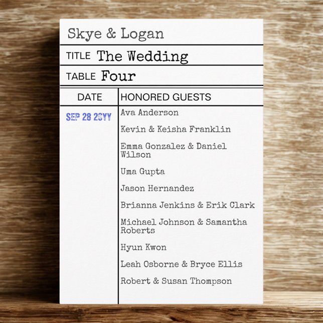 Carte de siège Mariage de la carte de retrait du l (Help your guests to their table in bookish style with this library checkout card seating card.)