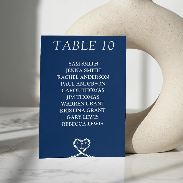 Carte de siège Mariage du Monogramme du coeur bleu (Nautical Blue Heart Monogram Wedding Seating Chart Table Number)