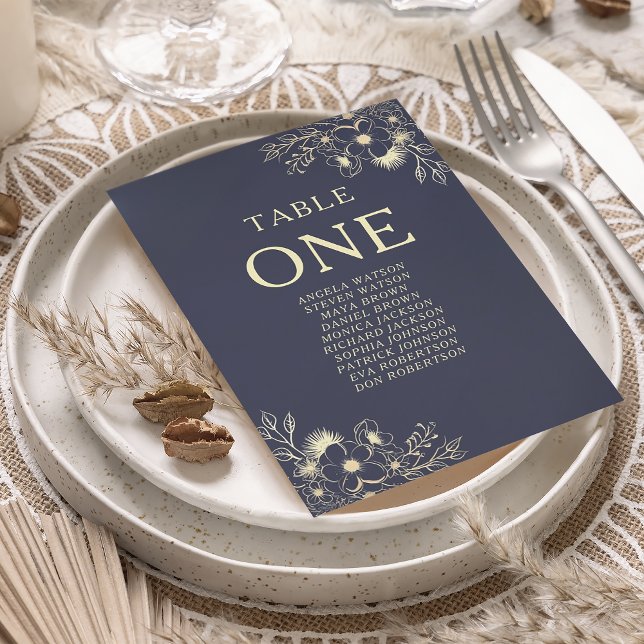 Carte de siège Mariage floral bleu marine (Créateur téléchargé)